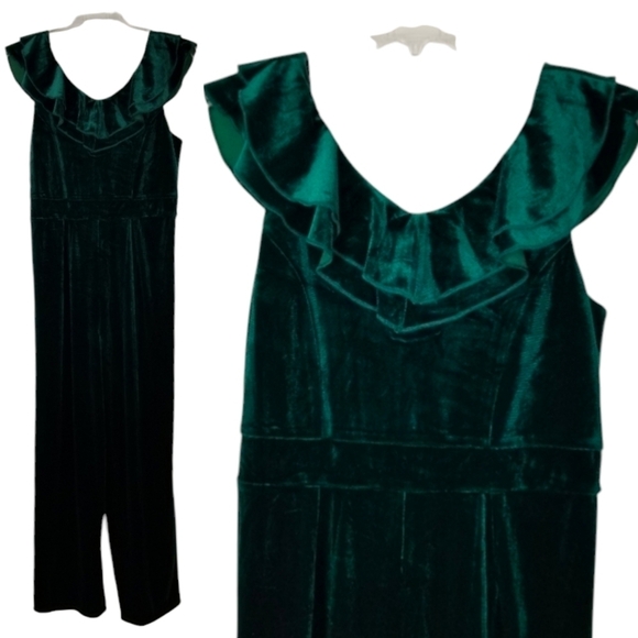 Zunie Girls Size 14 Ruffle Neck Velvet Jumpsuit Hunter Green Stretchy Holiday - Picture 1 of 10